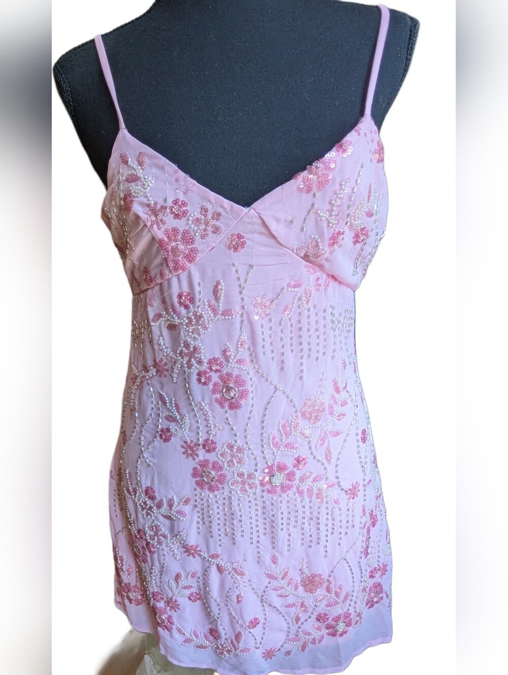 Viral Thirty Thirty LA Pink Floral Sequin Beaded Cami Mini Dress, NWT!